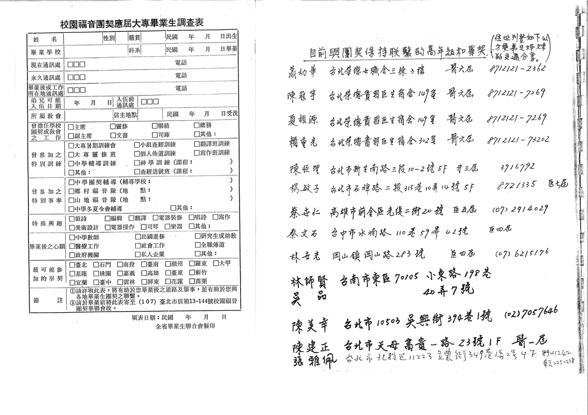 校園福音團契應屆大專畢業生調查表